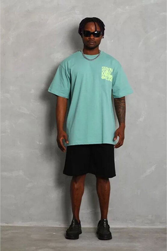 Moda Shop & Butik Unisex Oversize Baskılı Bisiklet Yaka T-shirt - Mint Yeşili