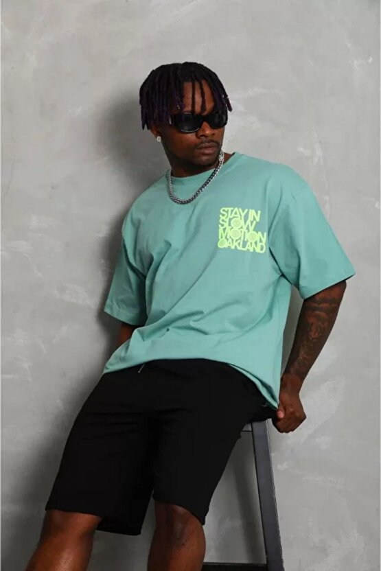 Moda Shop & Butik Unisex Oversize Baskılı Bisiklet Yaka T-shirt - Mint Yeşili