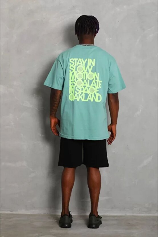Moda Shop & Butik Unisex Oversize Baskılı Bisiklet Yaka T-shirt - Mint Yeşili