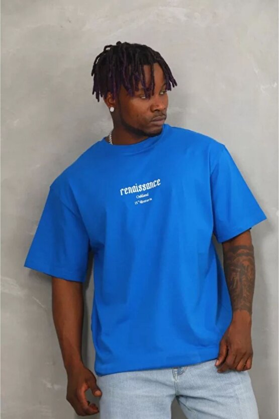 Ahes Shopping Unisex Oversize Baskılı Bisiklet Yaka T-shirt - Mavi