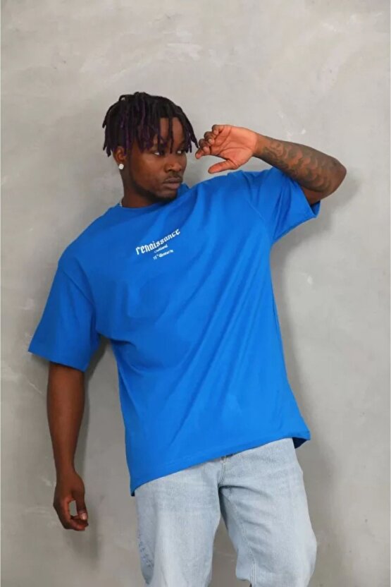 Ahes Shopping Unisex Oversize Baskılı Bisiklet Yaka T-shirt - Mavi
