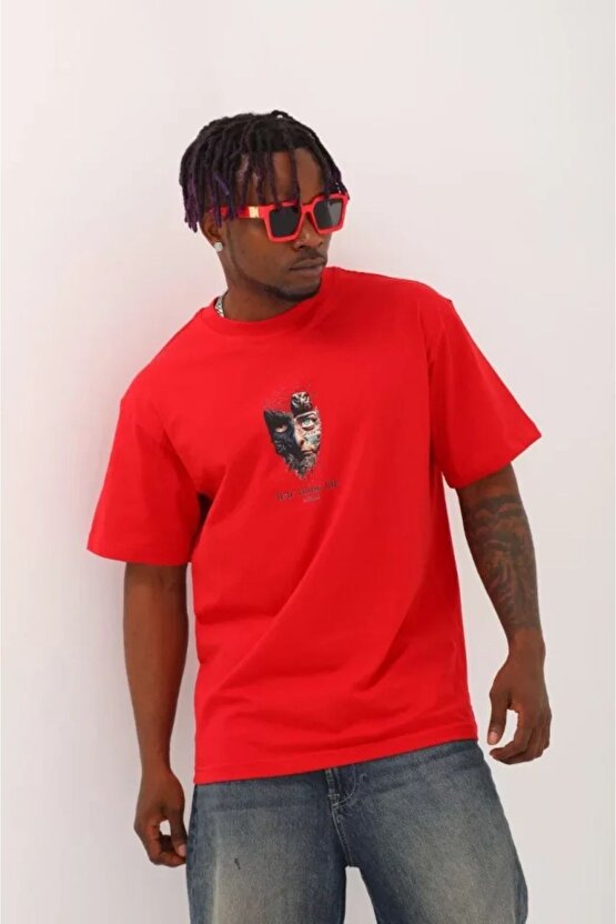Ahes Shopping Unisex Oversize Baskılı Bisiklet Yaka T-shirt - Kırmızı