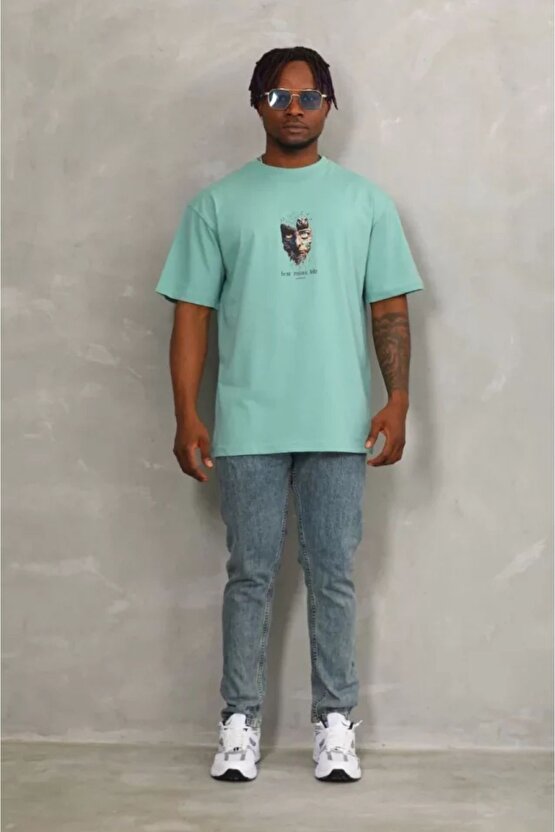 Mottisfashion Unisex Oversize Baskılı Bisiklet Yaka T-shirt - Mint Yeşili