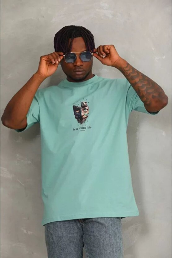 Mottisfashion Unisex Oversize Baskılı Bisiklet Yaka T-shirt - Mint Yeşili