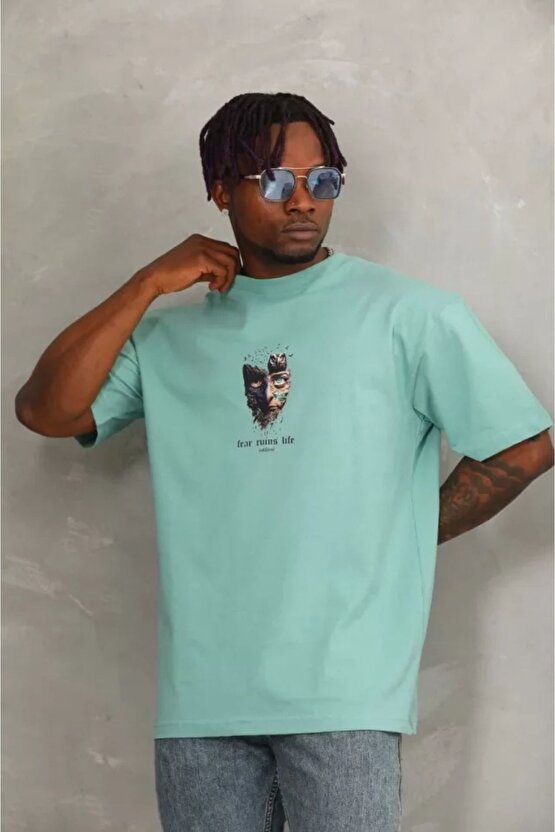 Mottisfashion Unisex Oversize Baskılı Bisiklet Yaka T-shirt - Mint Yeşili
