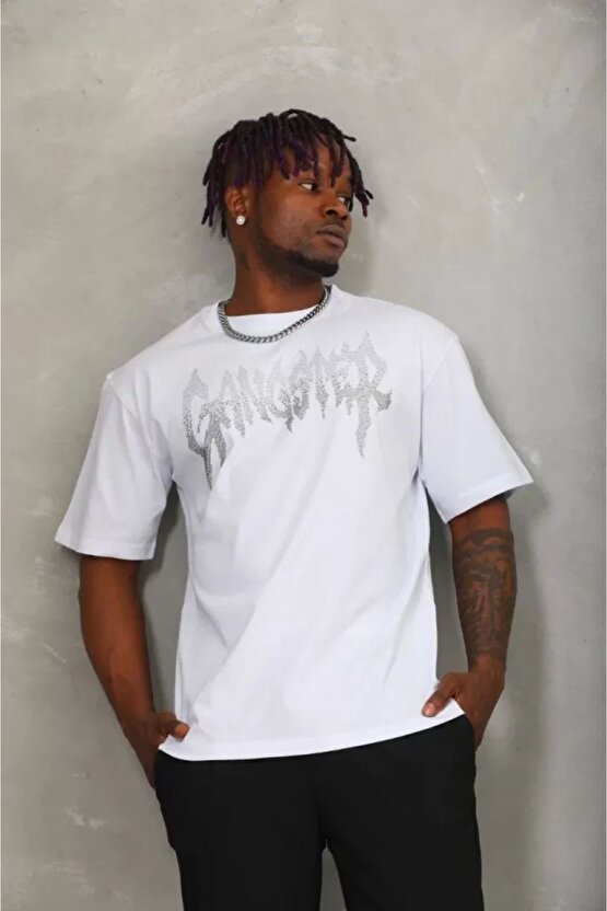Mottisfashion Unisex Oversize Taşlı Bisiklet Yaka T-shirt - Beyaz