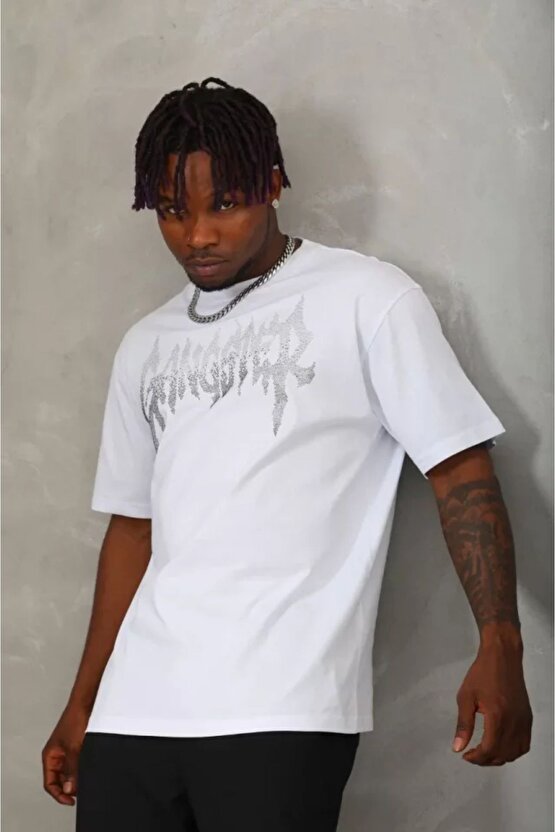 Mottisfashion Unisex Oversize Taşlı Bisiklet Yaka T-shirt - Beyaz