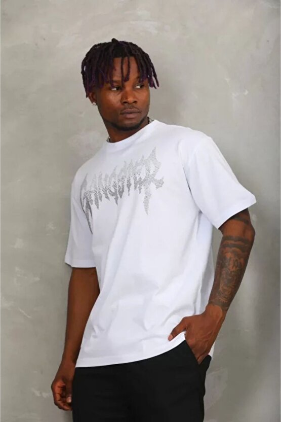 Mottisfashion Unisex Oversize Taşlı Bisiklet Yaka T-shirt - Beyaz