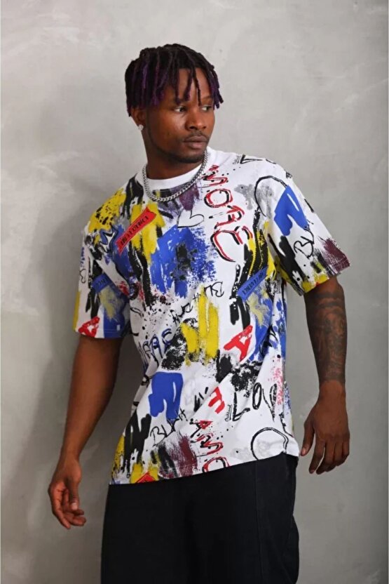Mra Fashion Unisex Oversize Baskılı Bisiklet Yaka T-shirt - Beyaz