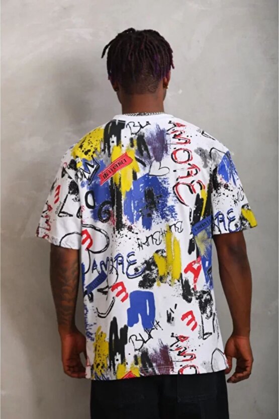 Mra Fashion Unisex Oversize Baskılı Bisiklet Yaka T-shirt - Beyaz