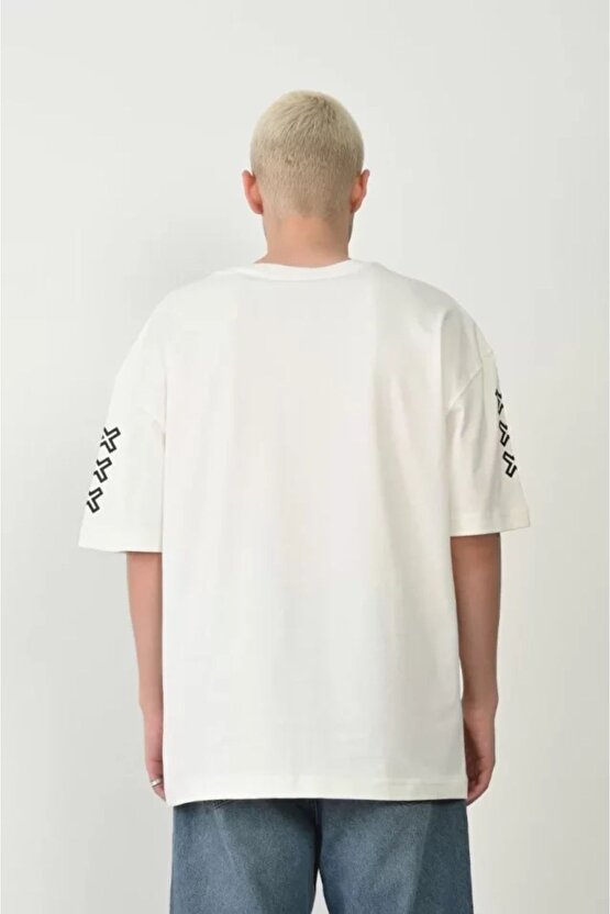 Modavera Unisex Baskılı Bisiklet Yaka Oversize T-shirt - Beyaz