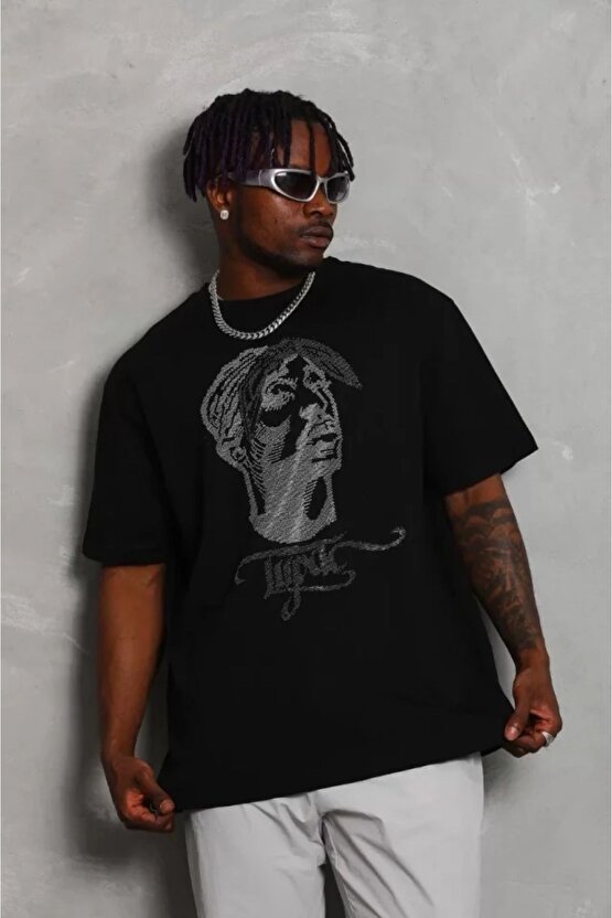 Modavera Unisex Oversize Taşlı Bisiklet Yaka T-shirt - Siyah