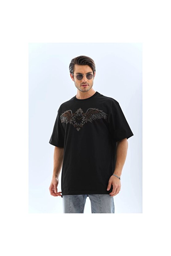 Unisex Oversize Taşlı Bisiklet Yaka T-Shirt - Siyah