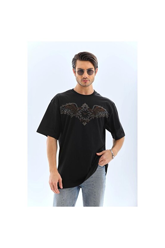 Unisex Oversize Taşlı Bisiklet Yaka T-Shirt - Siyah