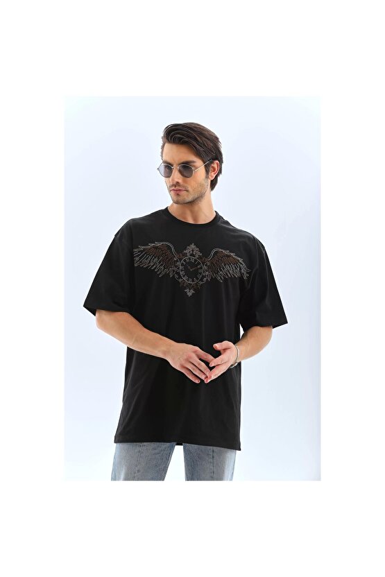 Unisex Oversize Taşlı Bisiklet Yaka T-Shirt - Siyah