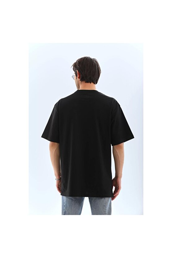 Unisex Oversize Taşlı Bisiklet Yaka T-Shirt - Siyah