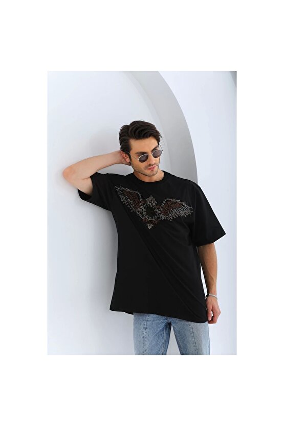 Unisex Oversize Taşlı Bisiklet Yaka T-Shirt - Siyah