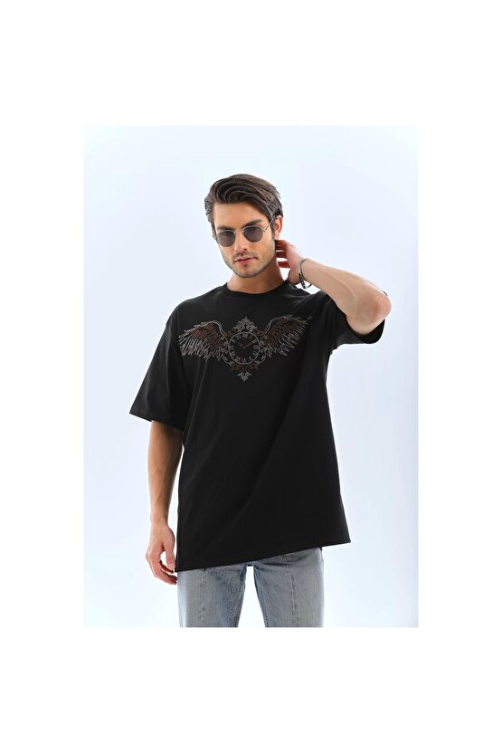 Unisex Oversize Taşlı Bisiklet Yaka T-Shirt - Siyah