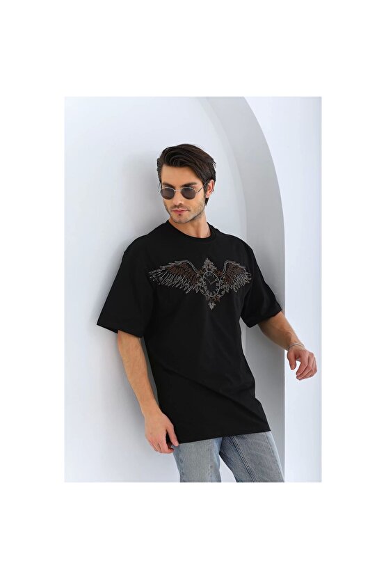 Unisex Oversize Taşlı Bisiklet Yaka T-Shirt - Siyah