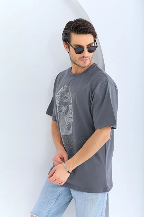 Mottisfashion Unisex Oversize Taşlı Bisiklet Yaka T-shirt - Füme