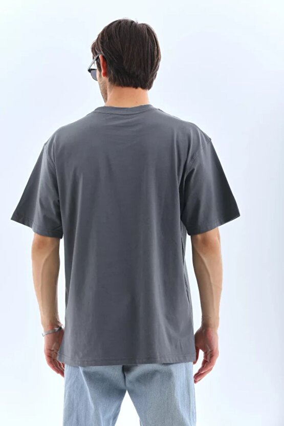 Mottisfashion Unisex Oversize Taşlı Bisiklet Yaka T-shirt - Füme