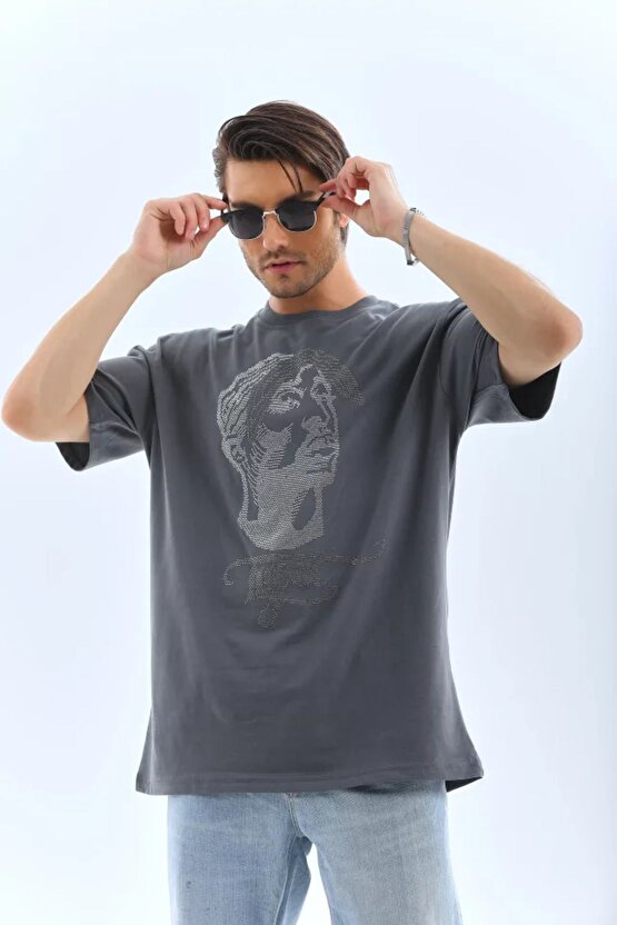 Mottisfashion Unisex Oversize Taşlı Bisiklet Yaka T-shirt - Füme