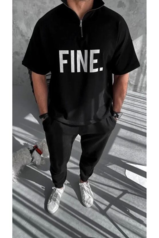 Unisex Baskılı Yarım Fermuarlı T-Shirt - Siyah