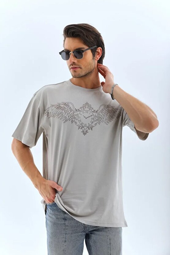 Gelirr Unisex Oversize Taşlı Bisiklet Yaka T-shirt - Gri