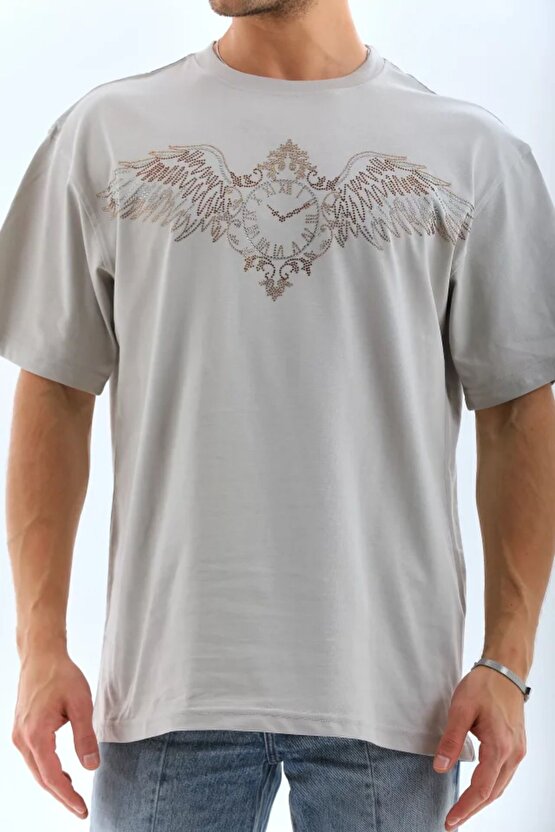 Gelirr Unisex Oversize Taşlı Bisiklet Yaka T-shirt - Gri