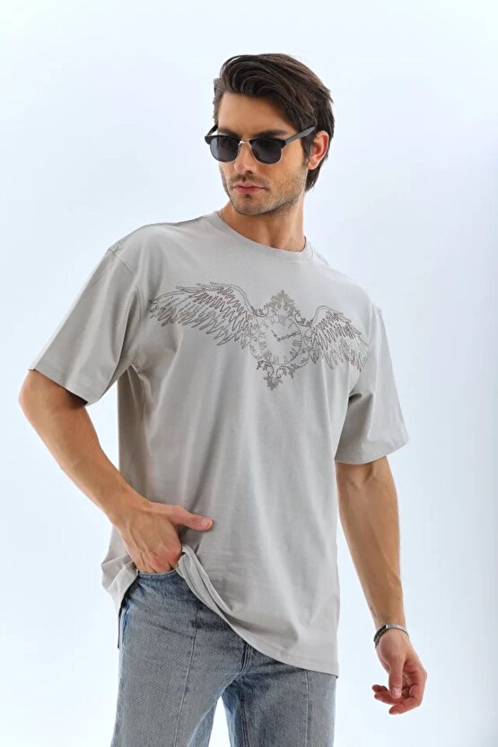 Gelirr Unisex Oversize Taşlı Bisiklet Yaka T-shirt - Gri