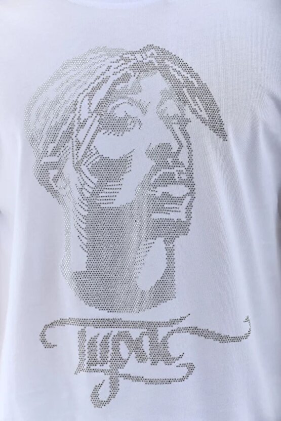 Unisex Oversize Taşlı Bisiklet Yaka T-Shirt - Beyaz