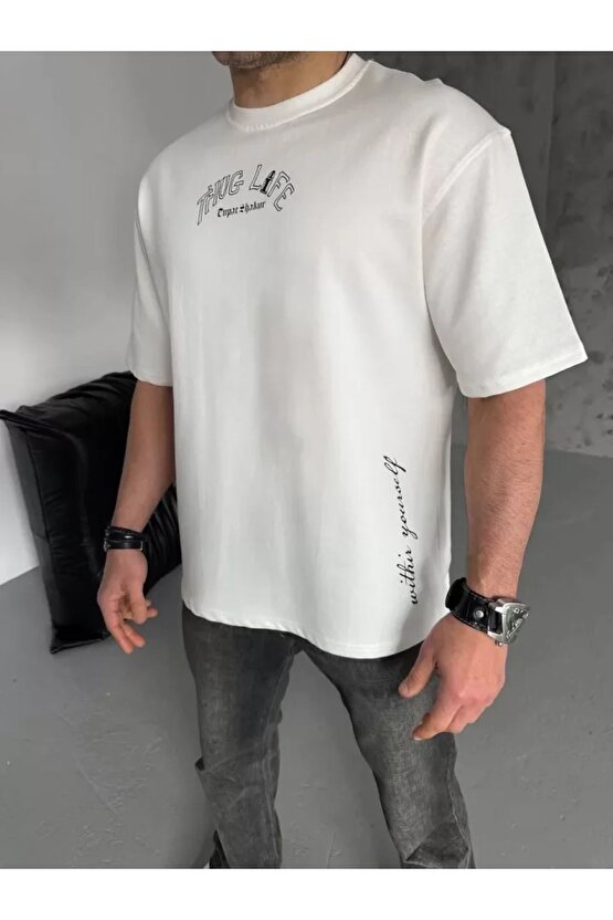 Ahes Shopping Unisex Baskılı Oversize T-shirt - Beyaz