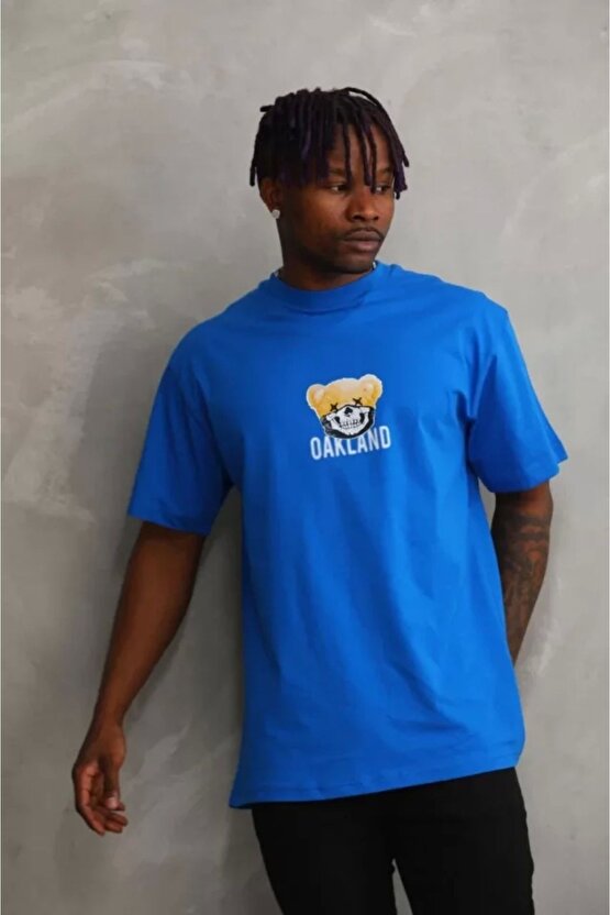 Unisex Baskılı Oversize T-shirt - Mavi