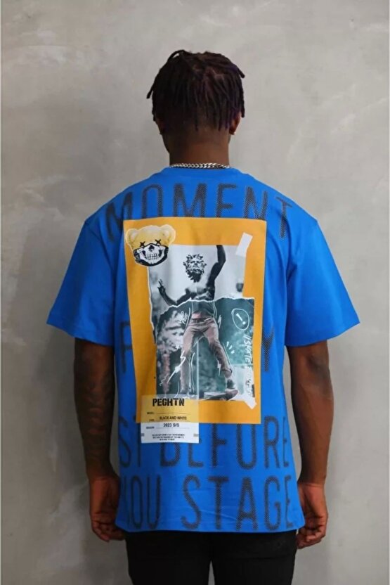 Unisex Baskılı Oversize T-shirt - Mavi