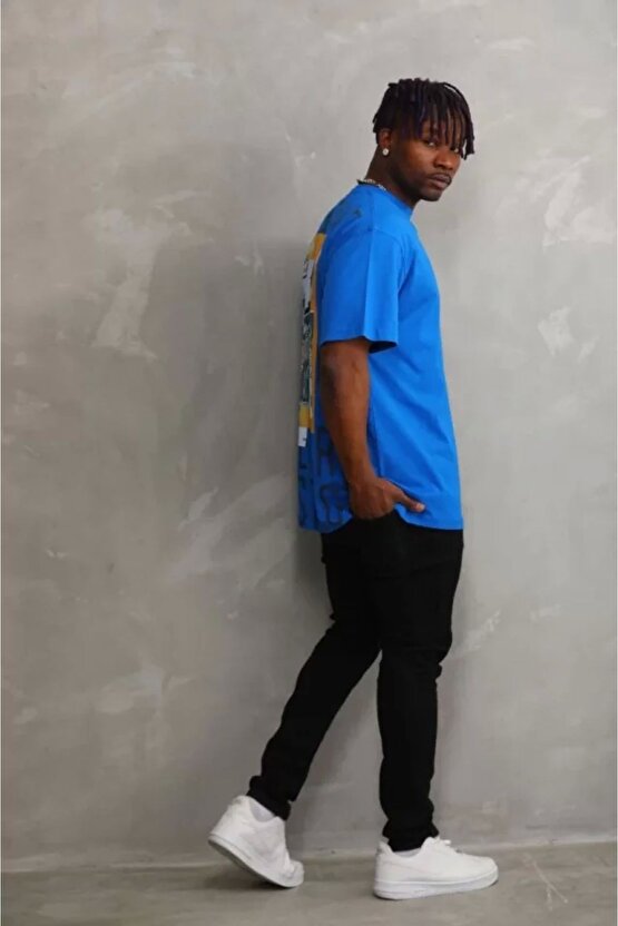 Unisex Baskılı Oversize T-shirt - Mavi