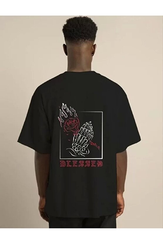 Unisex Bisiklet Yaka Oversize Baskılı T-shirt - Siyah