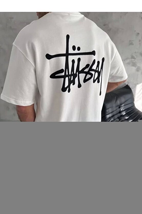Unisex Bisiklet Yaka Oversize Baskılı T-Shirt - Siyah