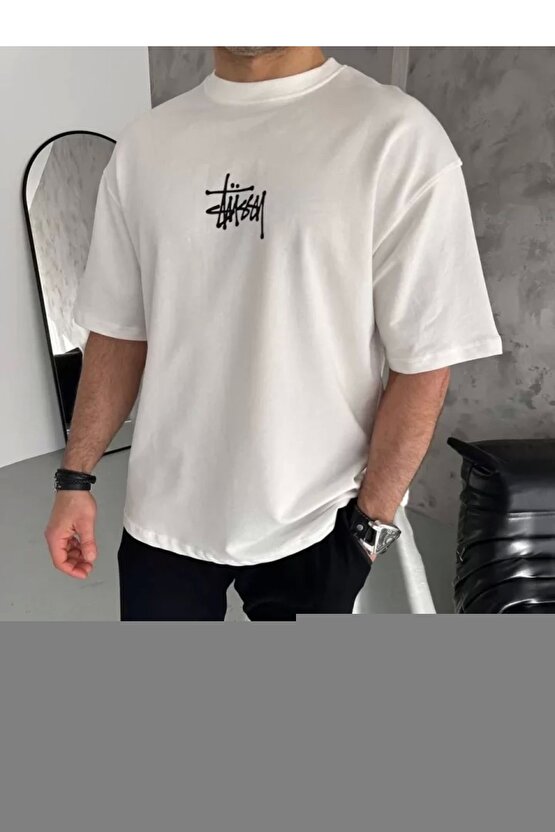 Unisex Bisiklet Yaka Oversize Baskılı T-Shirt - Siyah