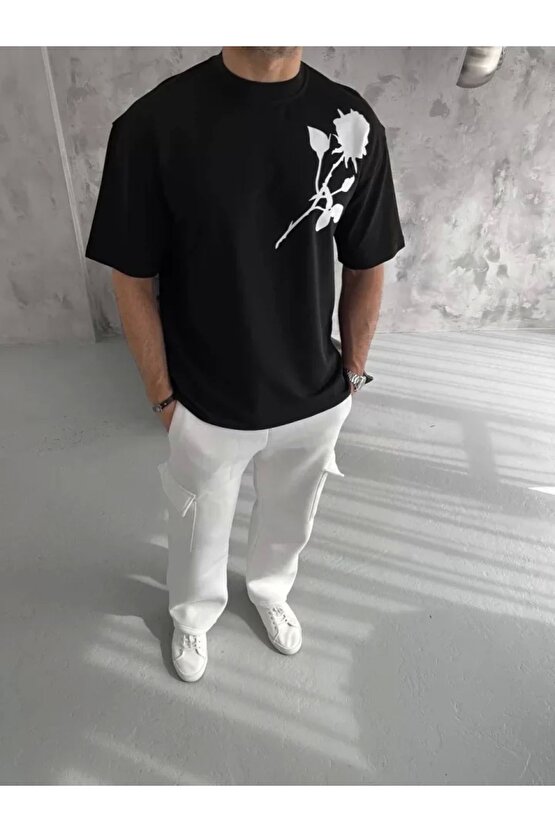 Unisex Bisiklet Yaka Baskılı Oversize T-Shirt - Beyaz