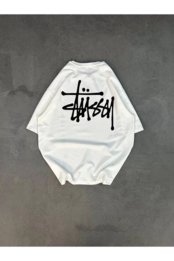 Unisex Bisiklet Yaka Baskılı Oversize T-Shirt - Beyaz