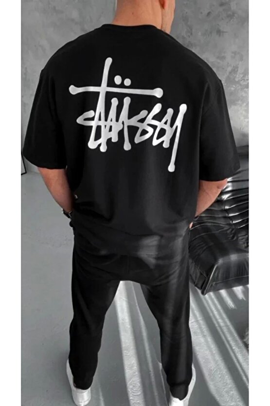 Unisex Bisiklet Yaka Baskılı Oversize T-Shirt - Siyah