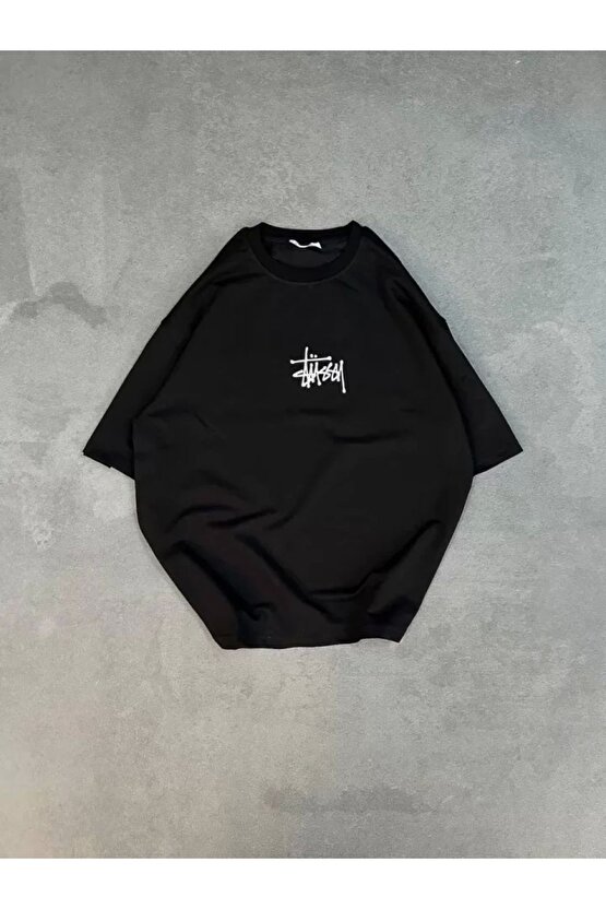 Unisex Bisiklet Yaka Baskılı Oversize T-Shirt - Siyah