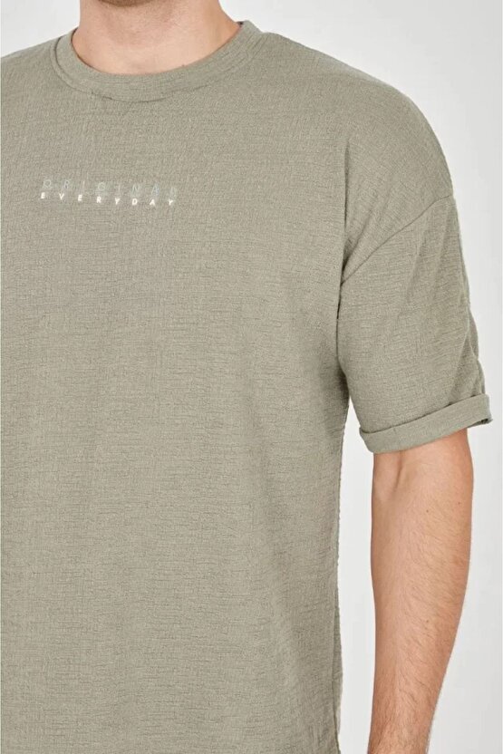 Ahes Shopping Unisex Jakar Kumaş Rahat Kol T-shirt - Açık Yeşil