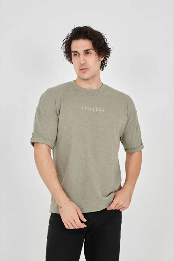 Ahes Shopping Unisex Jakar Kumaş Rahat Kol T-shirt - Açık Yeşil