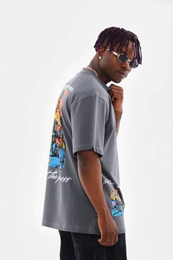 Yonca Moda Unisex Bisiklet Yaka Baskılı Oversize T-shirt - Gri
