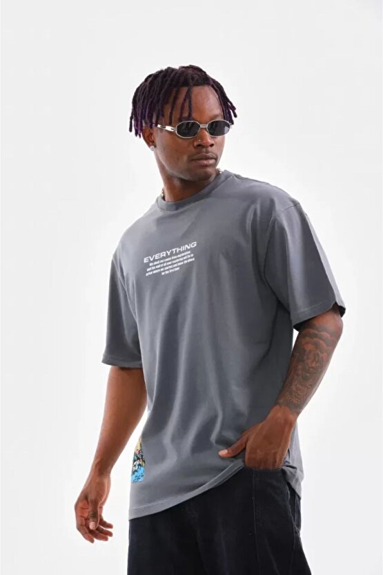 Yonca Moda Unisex Bisiklet Yaka Baskılı Oversize T-shirt - Gri