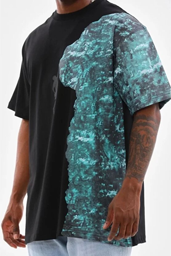 Unisex Bisiklet Yaka Baskılı Oversize T-Shirt - Siyah