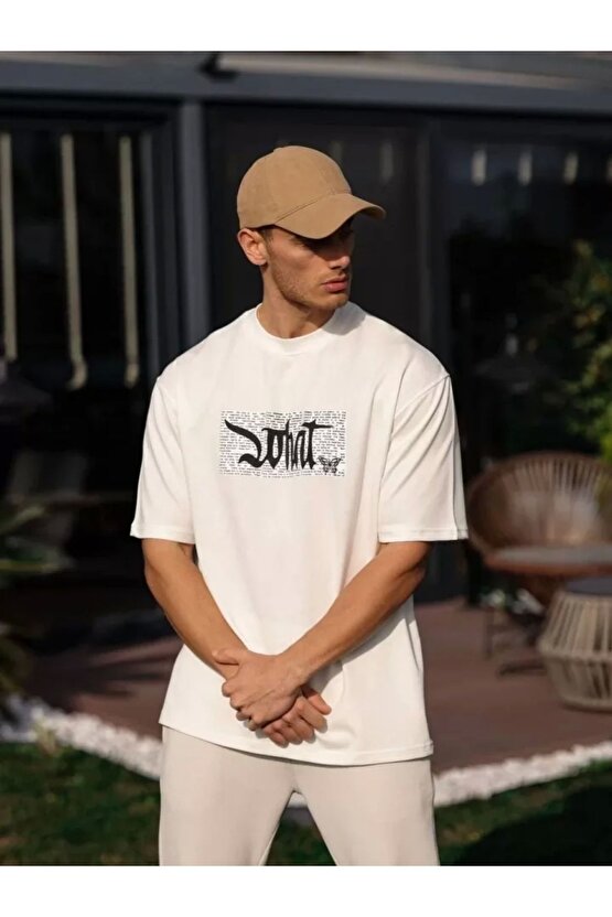 Unisex Bisiklet Yaka Baskılı Oversize T-Shirt - Beyaz