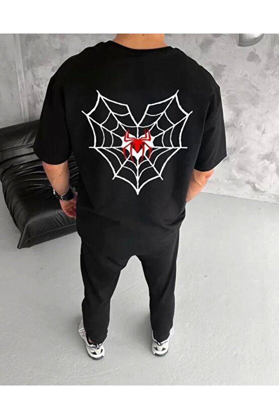 Unisex Bisiklet Yaka Baskılı Oversize T-Shirt - Siyah