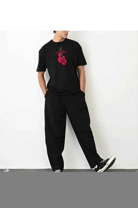 Moda Shop & Butik Unisex Bisiklet Yaka Baskılı Oversize T-shirt - Siyah